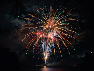 The fireworks burst into vibrant colors, lighting up the night sky.