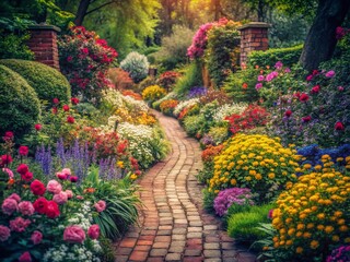 Obraz premium Vintage Spring Garden Path: Intricate Brick Walkway with Blooming Flowers