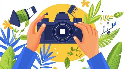 Illustration of hands holding a camera surrounded by tropical leaves., social media content creator concept