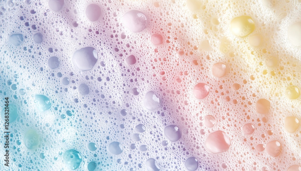 Poster pastel foam bubbles texture: a colorful close-up view of lather with droplets, showing abstract patt