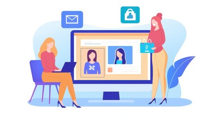 Two women discussing online security in a digital workspace., social media content creator concept