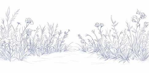 A Botanical Border: A delicate line drawing of diverse grasses and wildflowers in a serene, minimalist style, perfect for designs needing a touch of nature