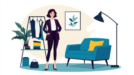 Fototapeta premium Stylish woman in a modern living room with clothing rack and sofa., social media content creator concept