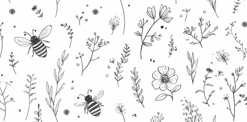 Obraz premium A Whimsical Floral Pattern with Bees: An intricate hand-drawn black and white illustration creates a seamless pattern filled with delicate flowers, lush leaves, and buzzing bees.
