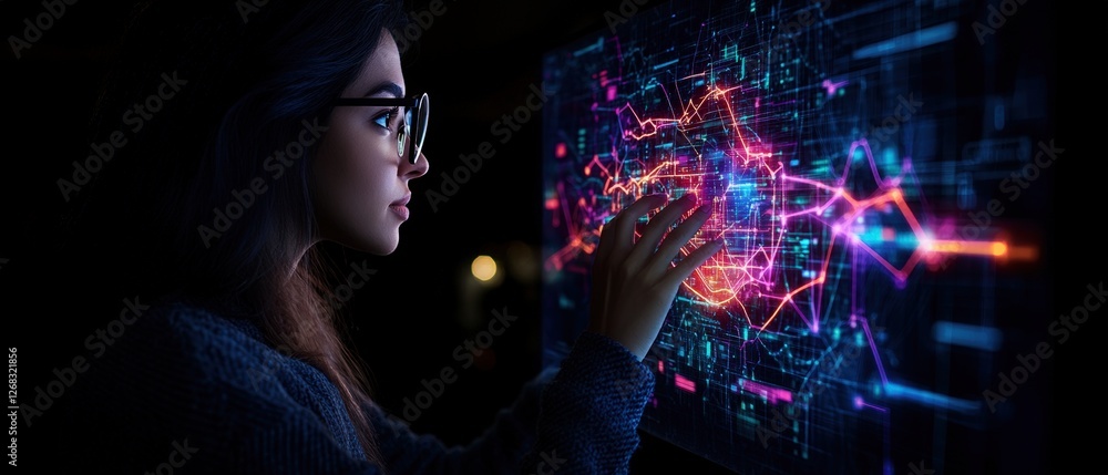 Poster woman using computer while another woman with glasses interacts with digital touchscreen device