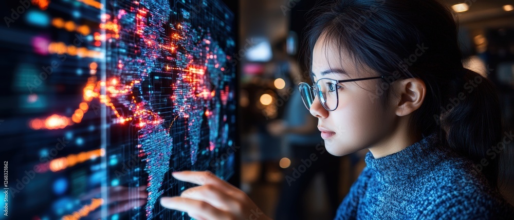 Aufkleber young woman with glasses using a computer with a digital touchscreen interface in a modern workspace