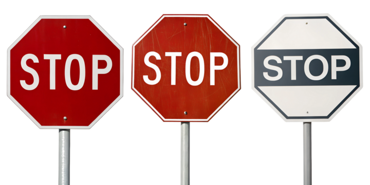 Collection of Stop Signs on White for Road Safety and Alerts, PNG Transparent - Powered by Adobe