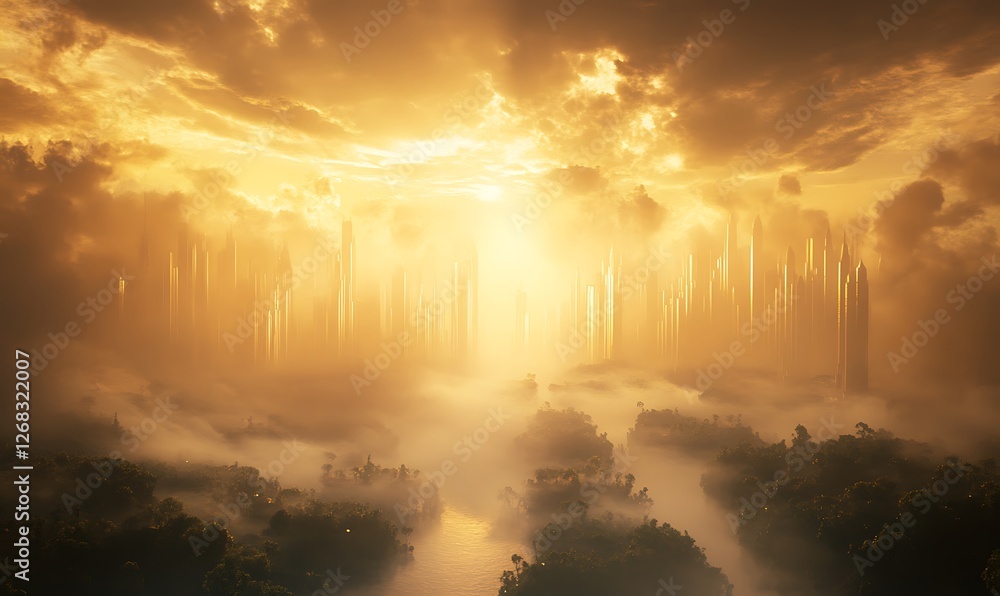 Poster a stunning image of a vast golden metropolis set in celestial skies, showcasing intricate architectu