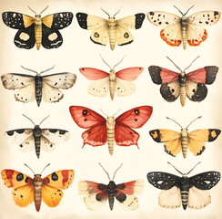 watercolor, white moths in various poses and colors, with red, black, and yellow accents, isolated on a clean white background. 