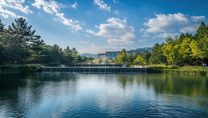 Obraz premium Serene Waterfall Flows into Calm Lake, Modern Building in Background, Peaceful Landscape Under Blue Sky with Clouds