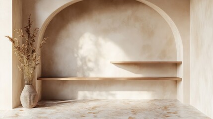 Beige room, arched niche, shelves, pampas grass, sunlight