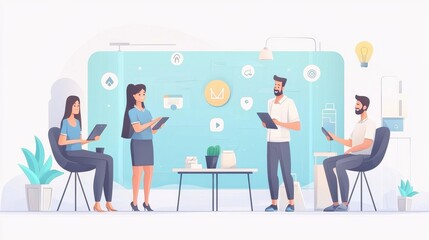 Modern office scene with professionals discussing ideas and using tablets., social media content creator concept