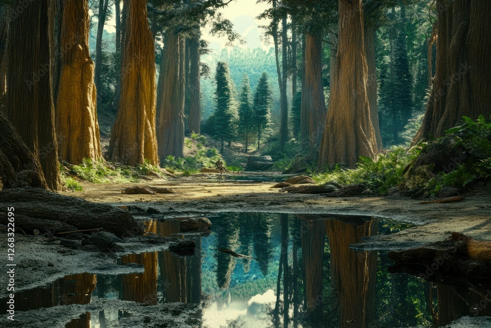 Poster A photorealistic jungle setting with towering coniferous trees and a small stream reflecting their grandeur.
