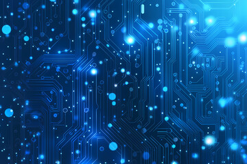 An intricate vector illustration of a blue circuit board with futuristic digital tech elements.