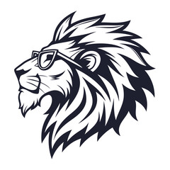 A bold wild lion head hipster logo featuring a majestic mane, vintage glasses, and a stylish beard, blending fierce wilderness with modern hipster aesthetics.