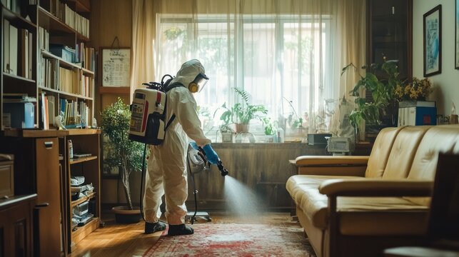 Home disinfection, hazmat suit, spraying, living room, sunlight