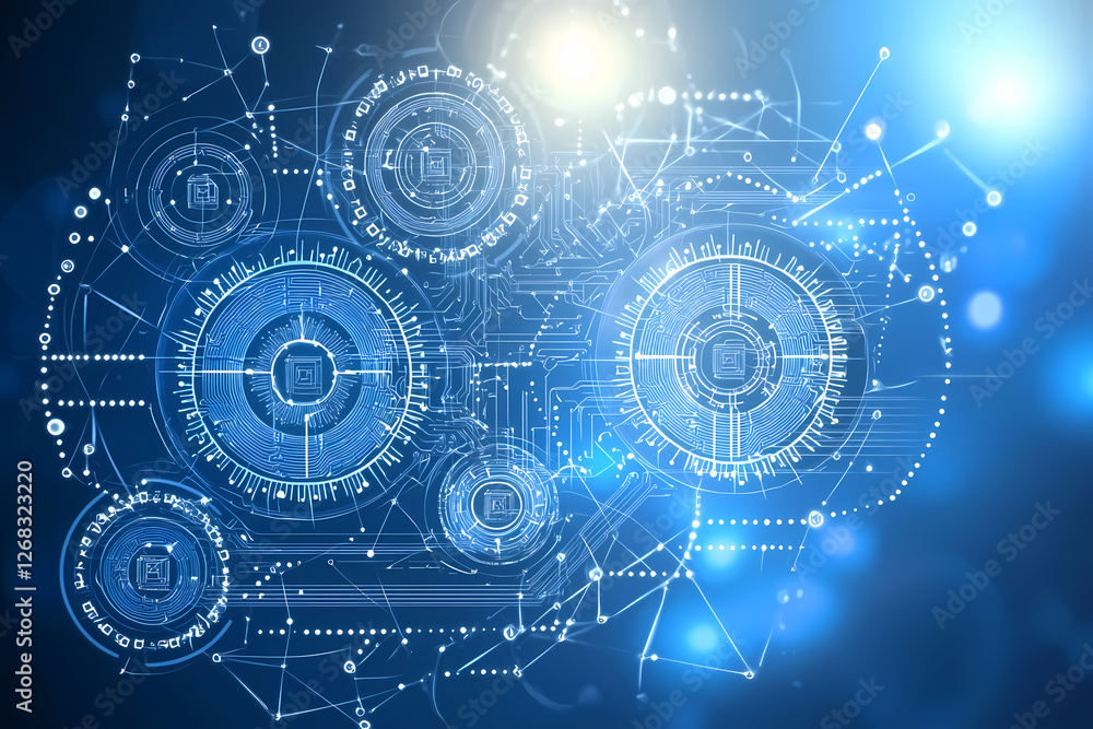 Poster an intricate vector illustration of a blue circuit board with futuristic digital tech elements.