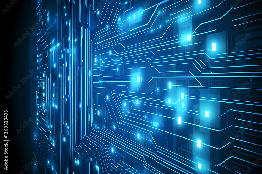 Poster an intricate vector illustration of a blue circuit board with futuristic digital tech elements.