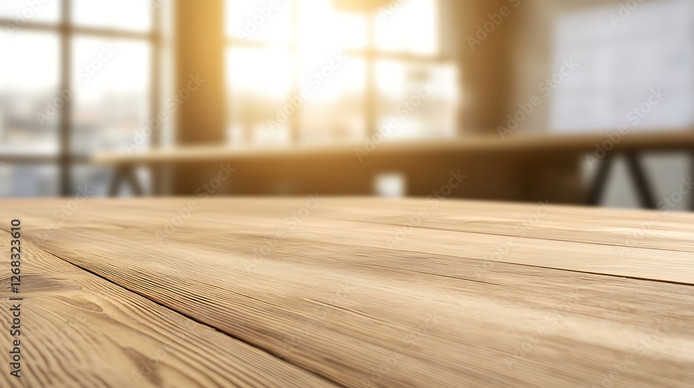 Poster a detailed image of a textured wooden table in focus, with a softly blurred background.