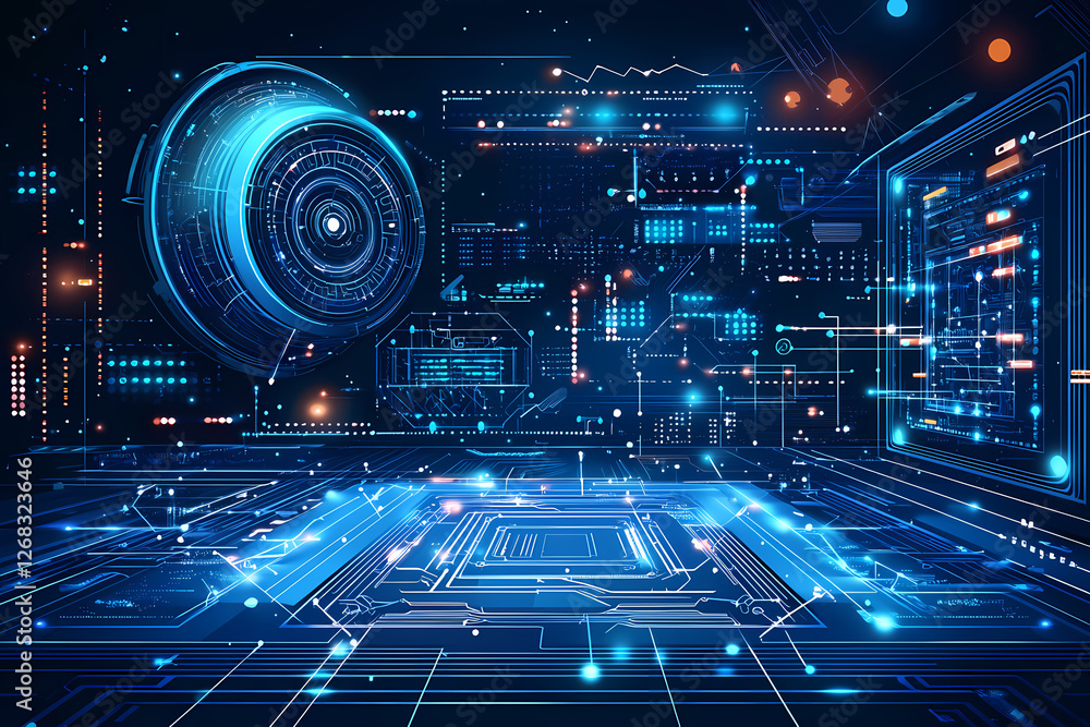 Poster an intricate vector illustration of a blue circuit board with futuristic digital tech elements.