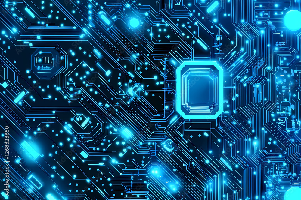Poster an intricate vector illustration of a blue circuit board with futuristic digital tech elements.
