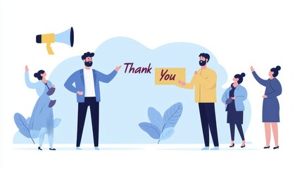Team expressing gratitude with a thank you message and a megaphone., social media content creator concept