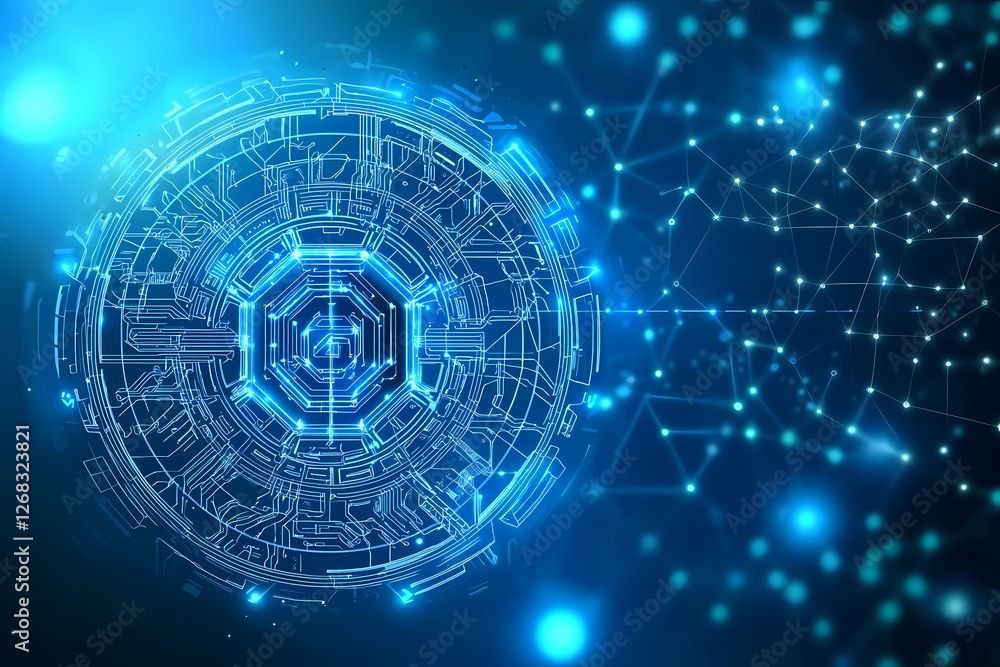 Poster an intricate vector illustration of a blue circuit board with futuristic digital tech elements.