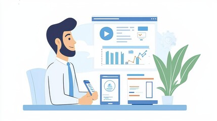 Fototapeta premium Businessman analyzing data on digital devices with a plant nearby., social media content creator concept