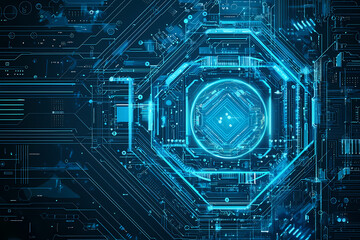 An intricate vector illustration of a blue circuit board with futuristic digital tech elements.