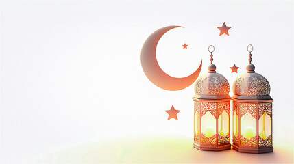 Ramadan concept. The lamp and light with the moon and star on a white background with copy space for text. Generative AI..