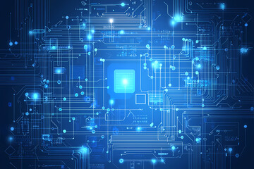 An intricate vector illustration of a blue circuit board with futuristic digital tech elements.