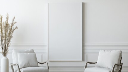 White room interior mockup, empty frame, armchairs, vase
