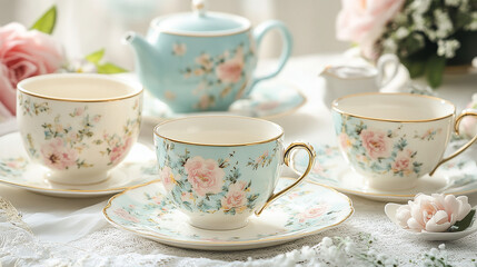 A beautifully arranged set of vintage porcelain teacups