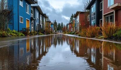 Obraz premium Residential Street Reflection: Colorful Houses Mirror in Puddles After Rain