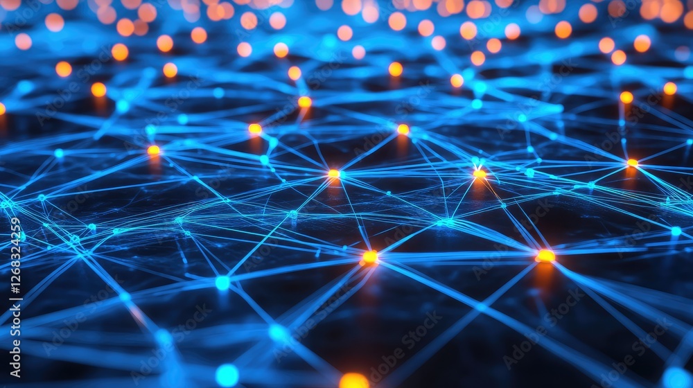 Poster an abstract technology network with glowing nodes and flowing data, representing future innovations.