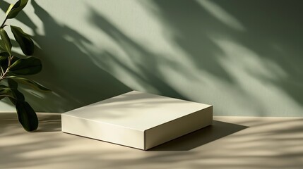 Creamy White Square Product Display on Beige Surface with Sage Green Textured Wall and Leaf Shadows.