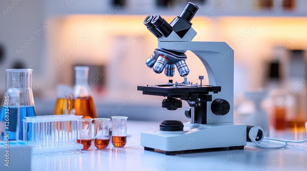 Poster an experiment setup with a microscope and biological cell slides, surrounded by a clean lab environm