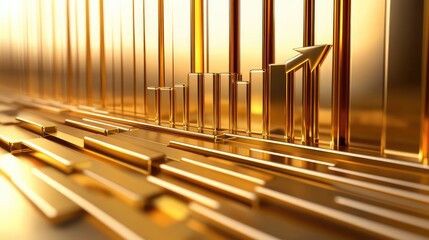 An elegant golden D bar graph with a rising success arrow, symbolizing prosperity, financial gain, and goal achievement. Copy space for design.