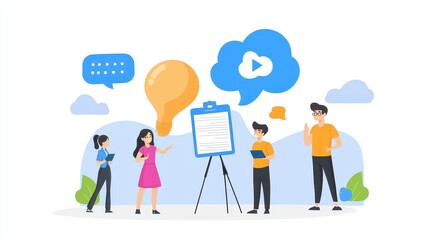 Team collaboration with speech bubbles and a presentation board outdoors., social media content creator concept