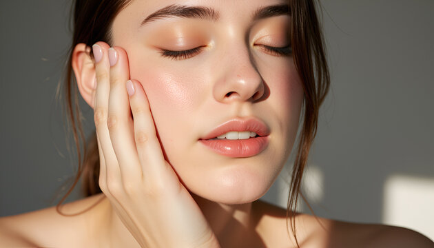 Young woman with glowing skin gently touching her face - a portrait of radiant beauty for skincare and wellness campaigns
