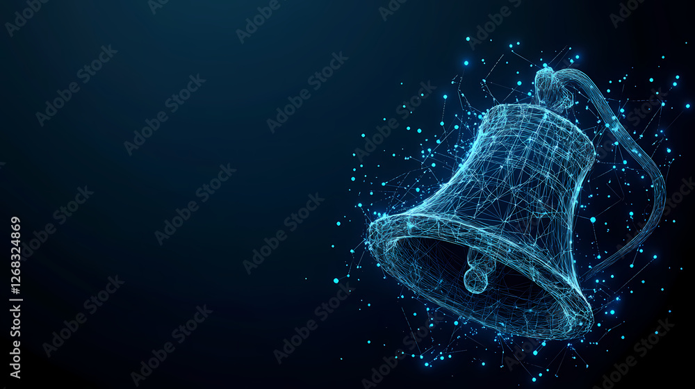 Poster digital bell network: a digitally rendered bell composed of interconnected dots and lines glows agai