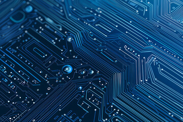 An intricate vector illustration of a blue circuit board with futuristic digital tech elements.