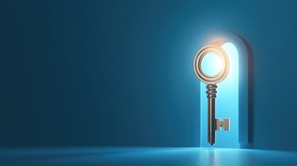 A bright glowing key floating above an open lock, symbolizing opportunity, achievement, and unlocking success. Copy space included.