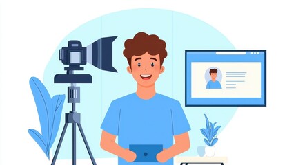 Young man with a camera and tablet, set for video content creation., social media content creator concept
