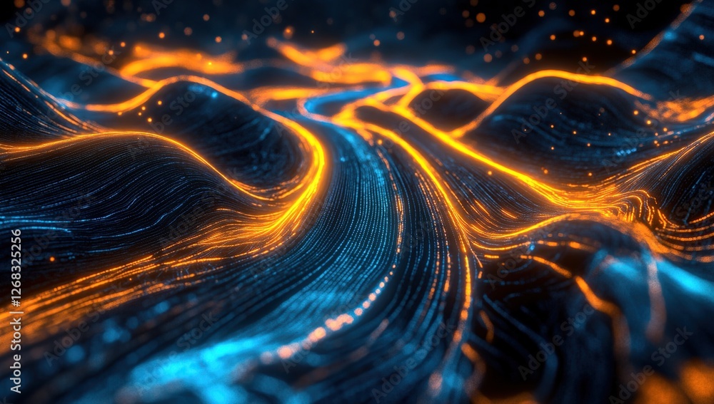 Poster abstract digital waves flowing dynamically across a screen, creating a vivid and energetic visual ex