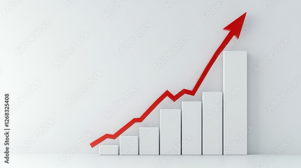 Poster a clean success graph on a modern white background with a sharp red arrow rising, symbolizing econom
