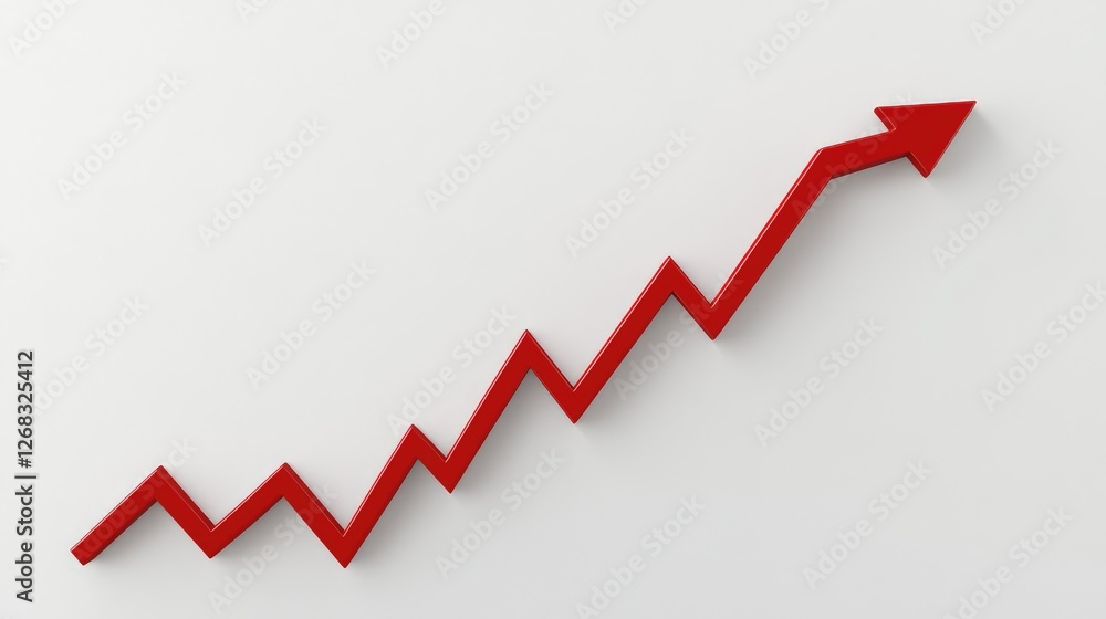 Poster a clean success graph on a modern white background with a sharp red arrow rising, symbolizing econom
