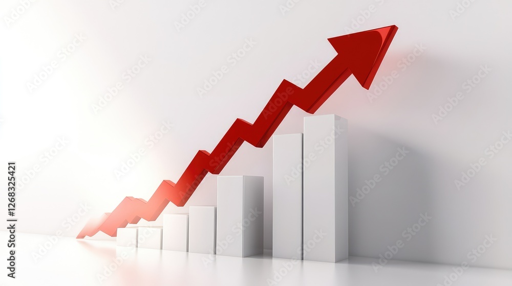 Poster a clean success graph on a modern white background with a sharp red arrow rising, symbolizing econom
