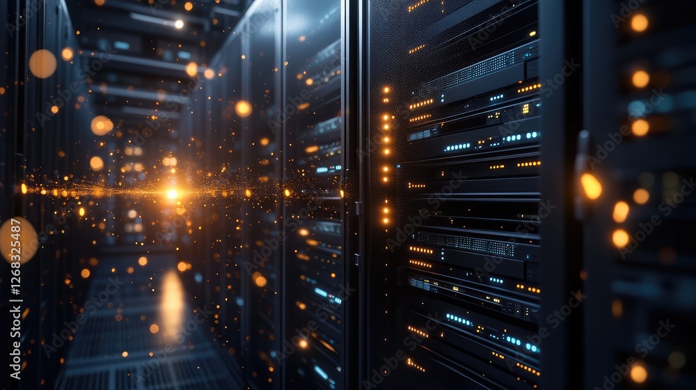 Poster a close-up of a glowing data center with digital storage units and connections, symbolizing modern t