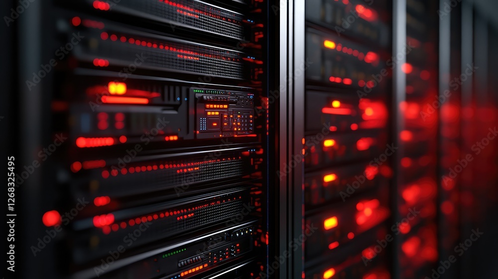 Poster a close-up of a glowing data center with digital storage units and connections, symbolizing modern t